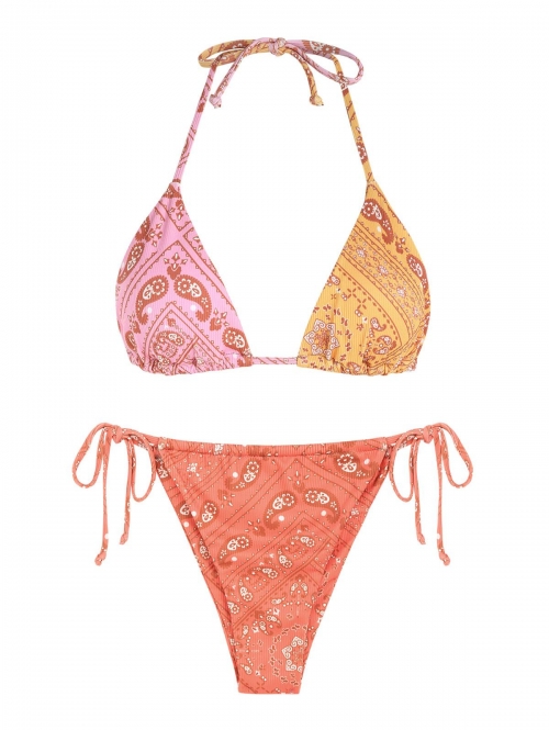 ZAFUL Ribbed Boho Paisley Print String Bikini Swimwear M Multi a