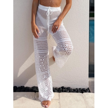 Women Beach Boho Crochet Knit Drawstring Cover Up Pants M White