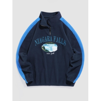 ZAFUL Men's ZAFUL NIAGARA FALLS Graphic Embroidery Colorblock Quarter Zip Polar Fleece Fluffy Vintage Sweatshirt Xl Deep blue