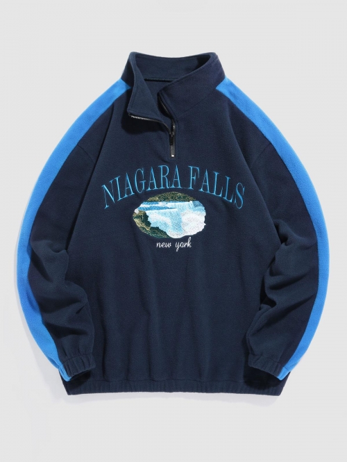 ZAFUL Men's ZAFUL NIAGARA FALLS Graphic Embroidery Colorblock Quarter Zip Polar Fleece Fluffy Vintage Sweatshirt Xl Deep blue