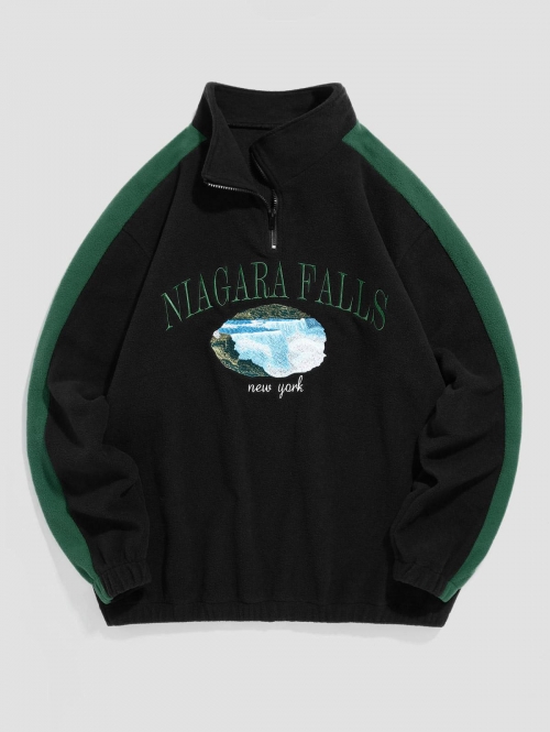 ZAFUL Men's ZAFUL NIAGARA FALLS Graphic Embroidery Colorblock Quarter Zip Polar Fleece Fluffy Vintage Sweatshirt Xl Black