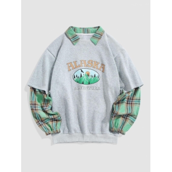 ZAFUL Men's ZAFUL Fleece-lining Plaid Panel ALASKA Graphic Sweatshirt L Light gray