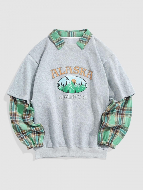 ZAFUL Men's ZAFUL Fleece-lining Plaid Panel ALASKA Graphic Sweatshirt L Light gray