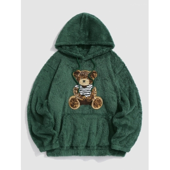 ZAFUL Men's Bear Terry Embroidered Pullover Fluffy Faux Fur Teddy Hoodie L Deep green