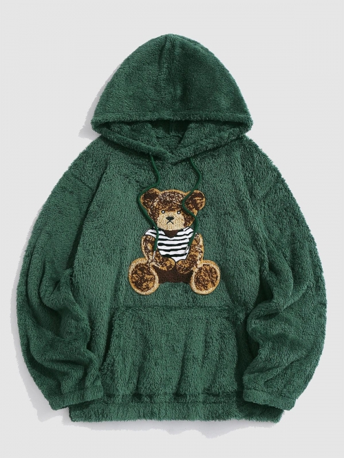 ZAFUL Men's Bear Terry Embroidered Pullover Fluffy Faux Fur Teddy Hoodie L Deep green