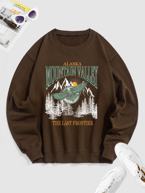 ZAFUL Men's Crewneck ALASKA MOUNTAIN VALLEY Eagle Graphic Sweatshirt Xxl Deep coffee