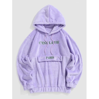 ZAFUL Men's ZAFUL C'EST LA VIE PARIS Embroidery Coral Fleece Fluffy Faux Fur Hoodie(No Pocket) Xxl Light purple