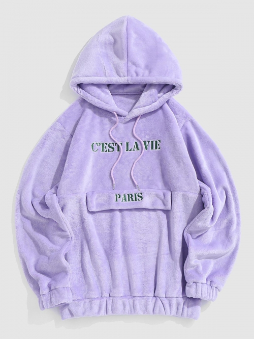 ZAFUL Men's ZAFUL C'EST LA VIE PARIS Embroidery Coral Fleece Fluffy Faux Fur Hoodie(No Pocket) Xxl Light purple