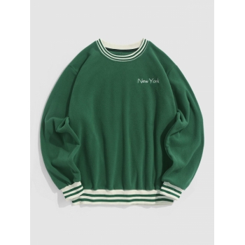 ZAFUL Men's ZAFUL Striped Trim Polar Fleece Fluffy New York Embroidered Sweatshirt L Deep green