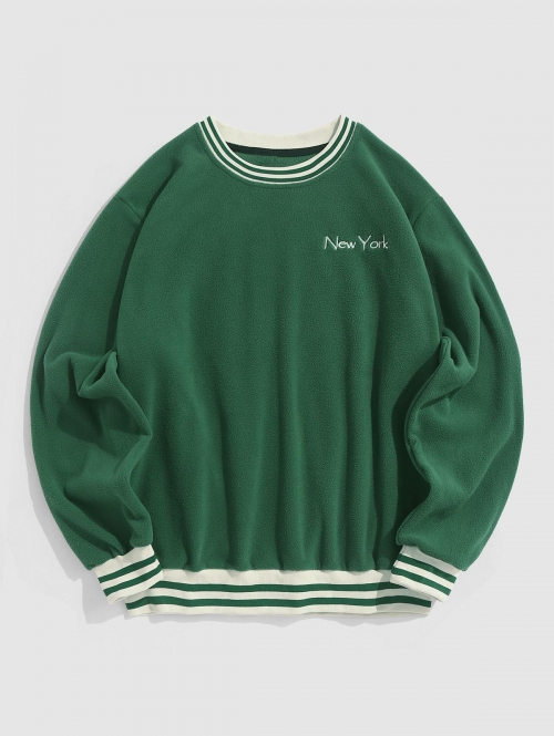 ZAFUL Men's ZAFUL Striped Trim Polar Fleece Fluffy New York Embroidered Sweatshirt L Deep green