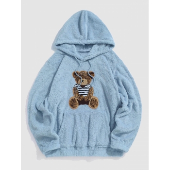 ZAFUL Men's Bear Terry Embroidered Pullover Fluffy Faux Fur Teddy Hoodie L Light blue