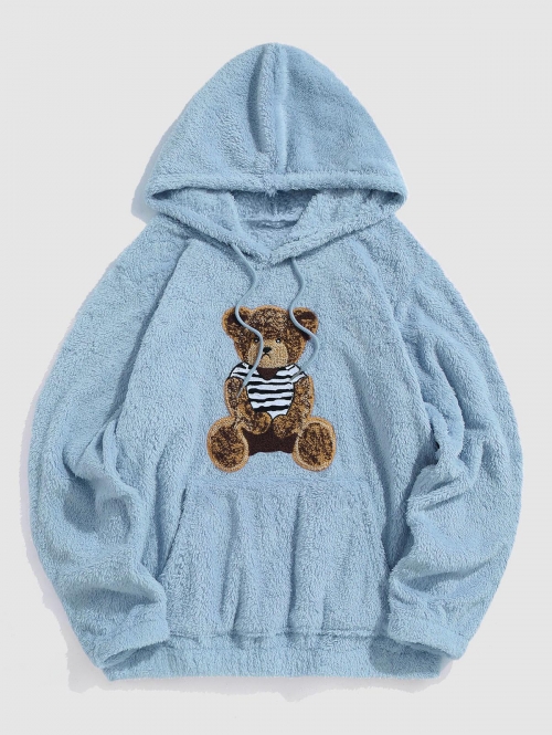 ZAFUL Men's Bear Terry Embroidered Pullover Fluffy Faux Fur Teddy Hoodie L Light blue