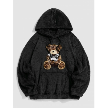 ZAFUL Men's Bear Terry Embroidered Pullover Fluffy Faux Fur Teddy Hoodie L Black