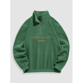 ZAFUL Men's ZAFUL Fuzzy C' EST LA VIE Letter Embroidered Quarter Zip Polar Fleece Sweatshirt L Deep green