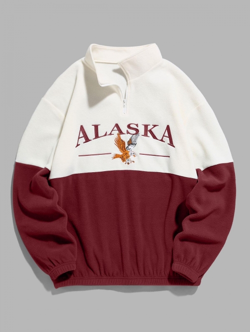 ZAFUL Men's ZAFUL Quarter Zip Design ALASKA Embroider Two Tone Polar Fleece Sweatshirt Xxl Deep red