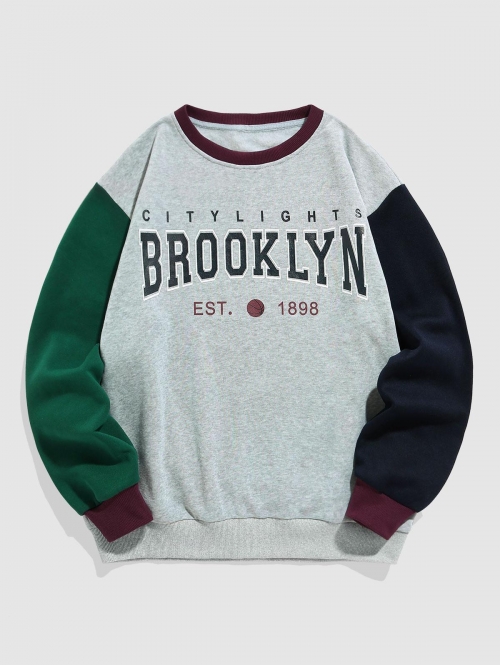 ZAFUL Men's ZAFUL Colorblock Fleece-lined BROOKLYN Letter Printed Sweatshirt Xl Light gray