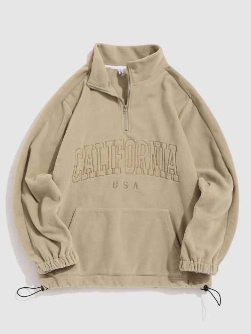 ZAFUL Men's ZAFUL Fluffy CALIFORNIA Embroider Quarter Zip Polar Fleece  Hoodie Xl Light coffee