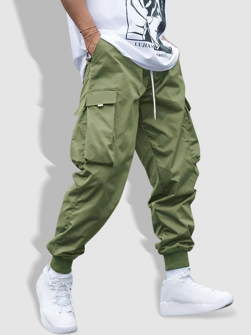 ZAFUL Men's Men's Flap Pocket Drawstring Elastic Waist Streetwear Casual Techwear Jogger Cargo Pants L Deep green