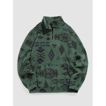 ZAFUL Men's Faux Sherpa Ethnic Print Quarter Zip Teddy Sweatshirt L Deep green