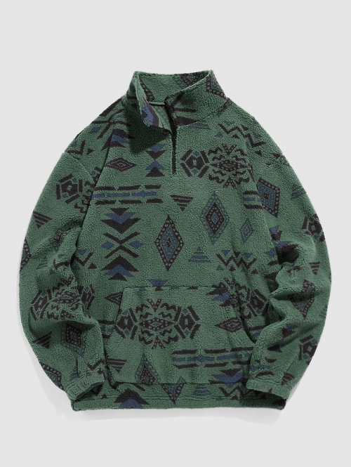 ZAFUL Men's Faux Sherpa Ethnic Print Quarter Zip Teddy Sweatshirt L Deep green