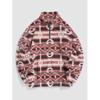 ZAFUL Men's ZAFUL Ethnic Tribal Aztec Printed Zip Up Fluffy Teddy Sweatshirt L Light orange