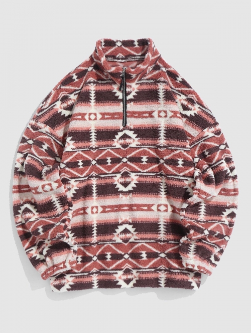 ZAFUL Men's ZAFUL Ethnic Tribal Aztec Printed Zip Up Fluffy Teddy Sweatshirt L Light orange