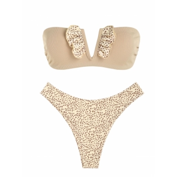 ZAFUL Ribbed V-wire Frilled Animal Spotted Bikini Swimwear L Light coffee