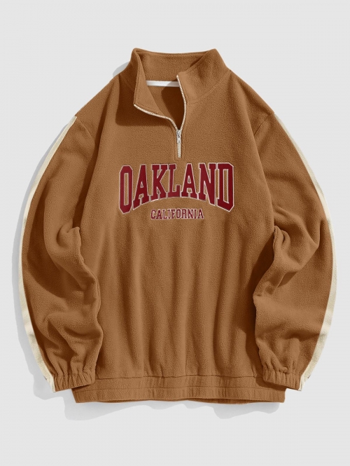 ZAFUL Men's ZAFUL Fuzzy Fleece OAKLAND Embroider Quarter Zip Sweatshirt M Coffee