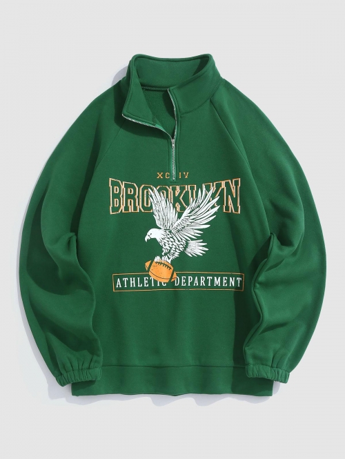 ZAFUL Men's ZAFUL Fleece Lining BROOKLYN Eagle Graphic Zip Vintage Sweatshirt L Deep green