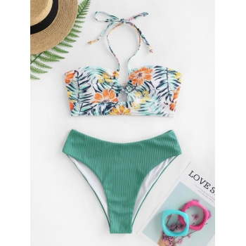 Fashion Women Tankinis ZAFUL Floral Leaf Print Halter Ribbed Tankini Swimwear Xl Green