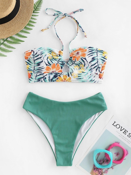 Fashion Women Tankinis ZAFUL Floral Leaf Print Halter Ribbed Tankini Swimwear Xl Green