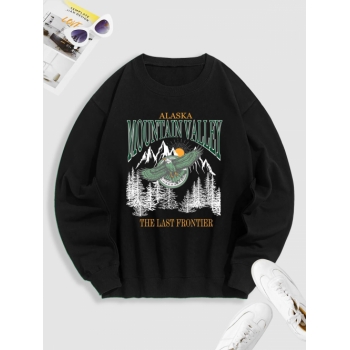 ZAFUL Men's Crewneck ALASKA MOUNTAIN VALLEY Eagle Graphic Sweatshirt S Black