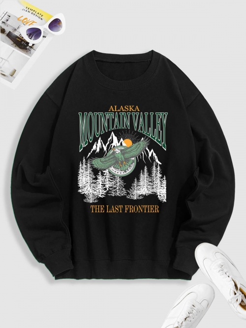 ZAFUL Men's Crewneck ALASKA MOUNTAIN VALLEY Eagle Graphic Sweatshirt S Black