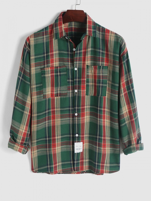 ZAFUL Men's Plaid Front Pockets Classic Shirt M Green