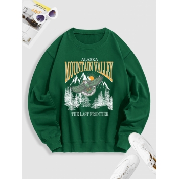 ZAFUL Men's Crewneck ALASKA MOUNTAIN VALLEY Eagle Graphic Sweatshirt L Deep green