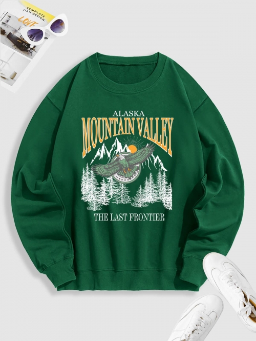 ZAFUL Men's Crewneck ALASKA MOUNTAIN VALLEY Eagle Graphic Sweatshirt L Deep green