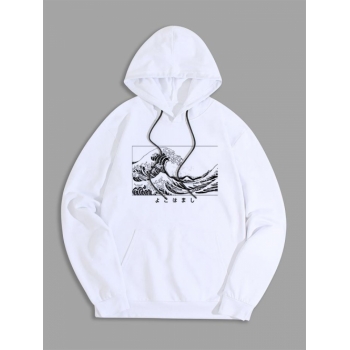 ZAFUL Men's Sea Wave Japanese Style Graphic Hoodie M White