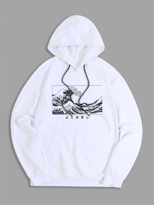 ZAFUL Men's Sea Wave Japanese Style Graphic Hoodie M White