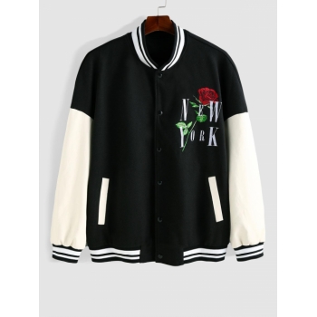 ZAFUL Men's ZAFUL Letter NEW YORK and Rose Embroider PU Leather Spliced Bomber Jacket Xl Black