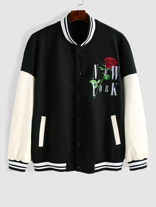 ZAFUL Men's ZAFUL Letter NEW YORK and Rose Embroider PU Leather Spliced Bomber Jacket Xl Black