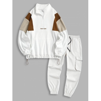 ZAFUL Men's NEW YORK Colorblock Polar Fleece Sweatshirt and Jogger Cargo Pants Set Outfit White