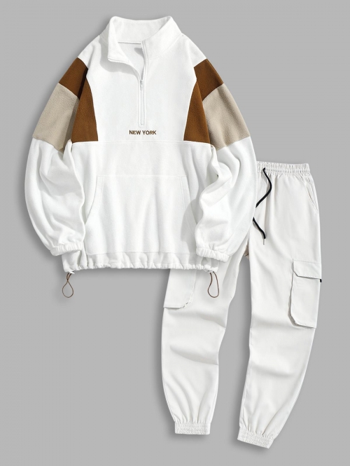 ZAFUL Men's NEW YORK Colorblock Polar Fleece Sweatshirt and Jogger Cargo Pants Set Outfit White