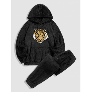 ZAFUL Men's Tiger Embroidered Fluffy Hoodie and Teddy Beam Feet Pants Faux Fur Set S Black