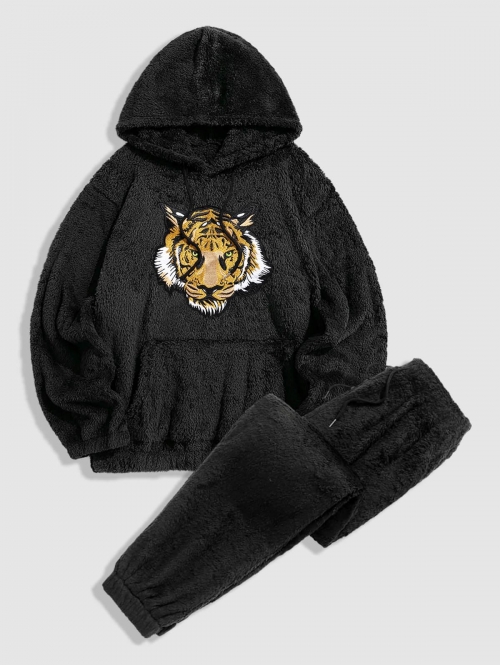 ZAFUL Men's Tiger Embroidered Fluffy Hoodie and Teddy Beam Feet Pants Faux Fur Set S Black