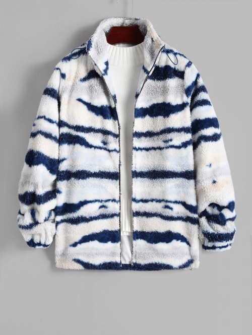 ZAFUL Men's ZAFUL Colorblock Wave Striped Pattern Fluffy Teddy Jacket Xxl Blue