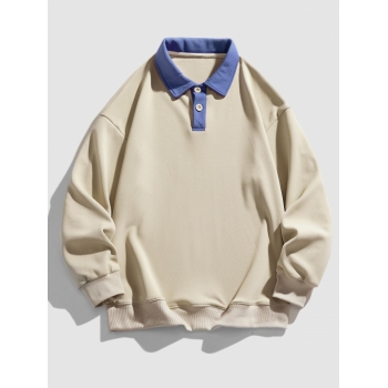 ZAFUL Men's Color Spliced Polo Collar Sweatshirt L Light coffee