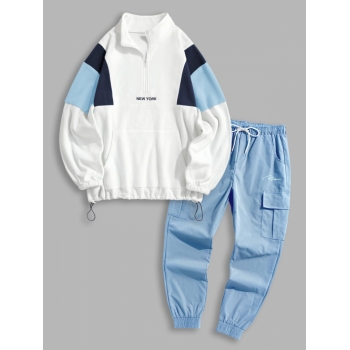 ZAFUL Men's Fluffy Polar Fleece NEW YORK Embroidery Colorblock Half Zip Sweatshirt with Drawstring Jogger Cargo Pants Set Blue