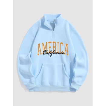 ZAFUL Men's Letter AMERICA California Graphic Quarter Zip Fleece Lined Sweatshirt L Light blue