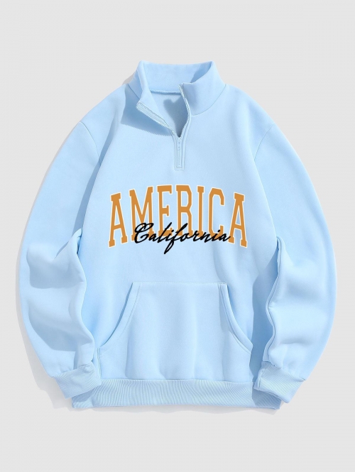 ZAFUL Men's Letter AMERICA California Graphic Quarter Zip Fleece Lined Sweatshirt L Light blue