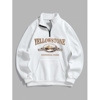 ZAFUL Men's YELLOWSTONE Mountain Graphic Quarter Zip Fleece Lined Sweatshirt L White